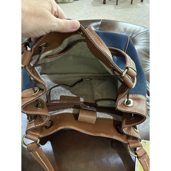 MICHAEL KORS MARINA HANDBAG LARGE NAVY BLUE BROWN CANVAS BROWN TRIM NWT - Picture 8 of 9